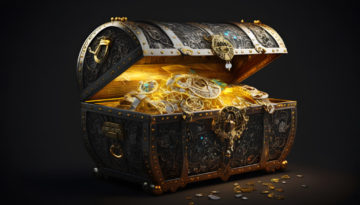 Open treasure chest filled with gold coins and expensive pirates loot on black background. Neural network generated art